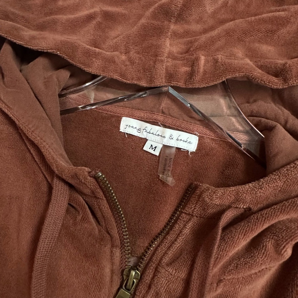 Young Fabulous & Broke Womens Brown Cropped Jacket Velour Full-Zip Hooded Medium - Picture 5 of 6